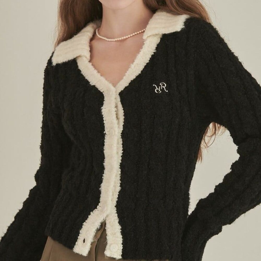 W Concept RonRon Collar Cable Boucle Alpaca wool blend Knit cardigan top